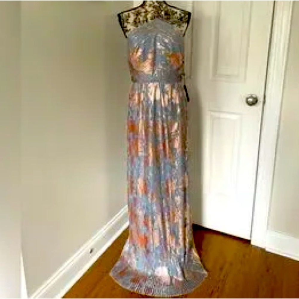 Adrianna Papell Blue and Orange Floral Backless Strapless Evening Gown